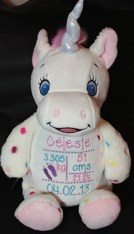 Custom personalzied embroidered white polka dot unicorn stuffed plush animal new baby birth statistics adoption birthday gift flower girl