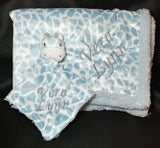 giraffe blanket and lovey 2-piece set custom personalized embroidered blue and white giraffe zoo animal or jungle animal nursery theme