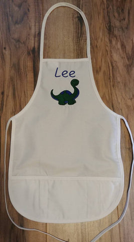 white toddler child apron / paint smock with dinosaur design custom personalized embroidered apron