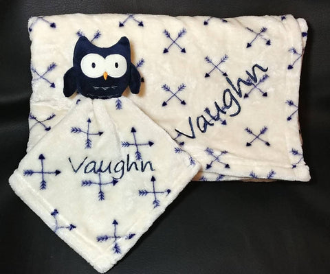 blue owl lovey, security blanket 2-piece set, custom personalized embroidered baby gift, Easter gift, new baby shower gift