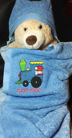 hooded train bath towel, baby shower gift, new baby gift, embroidered train towel, Christmas gift, train bathroom decor, baby boy gift