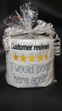 embroidered bathroom review toilet paper, gag gift, white elephant gift, birthday gift would poop here again 4 1/2 stars