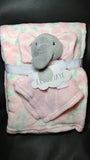 personalized pink elephant animal lovey security blanket and regular fleece blanket 2-piece set, Custom embroidered new baby gift, Christmas