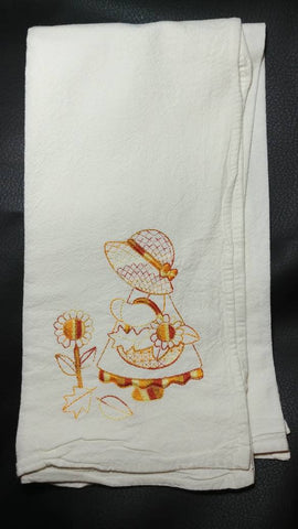 Tea towel embroidered girl with sunflower basket, housewarming gift, fall kitchen decor, sunflower decor, sunflower towel, gift for her