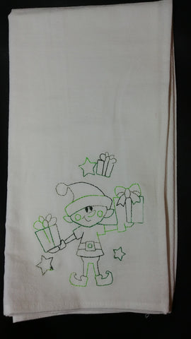 Tea towel - embroidered - elf with presents - housewarming - Christmas gift