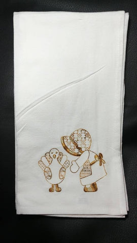 Tea towel embroidered with girl and turkey, housewarming gift, fall kitchen decor, Thanksgiving kitchen towel, Thanksgiving kitchen decor