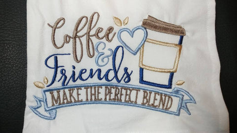 Coffee and friends embroidered tea towel