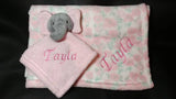 personalized pink elephant animal lovey security blanket and regular fleece blanket 2-piece set, Custom embroidered new baby gift, Christmas