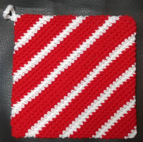 Crochet red and white stripes pot holder, red and white trivet, double thick hot pad, Christmas gift, bridal shower gift