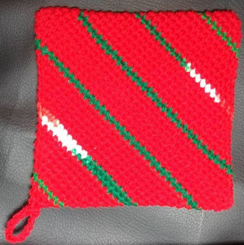 Crochet pot holder red and green stripes trivet, double thick hot pad