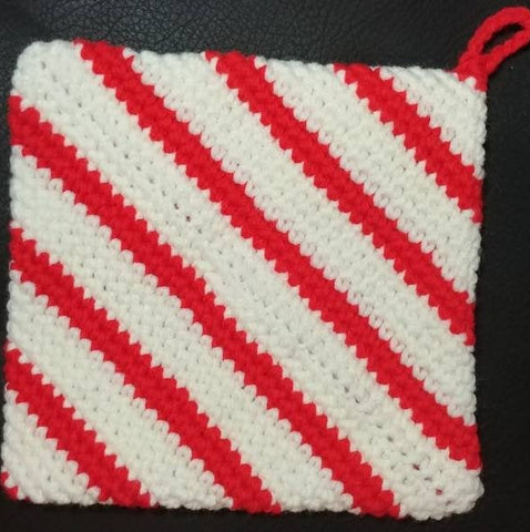 Crochet pot holder red and white double thickness hot pad, trivet