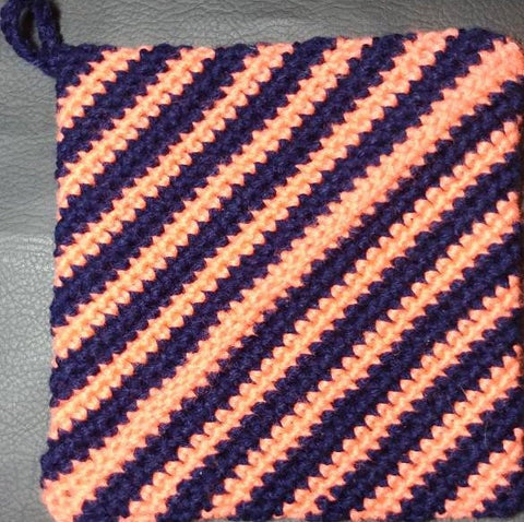 Crochet pot holder, blue and peach kitchen trivet, double thick hot pad, Christmas gift, kitchen decor, stocking stuffer