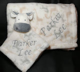 personalized baby animal lovey security blanket and regular fleece blanket 2-piece set, custom embroidered new baby gift, baby shower gift