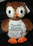 Custom personalized embroidered birth statistics baptism stuffed owl plush animal adoption new baby ring bearer flower girl teacher gift