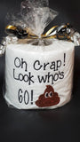 embroidered milestone 40 birthday gag gift,  80 90 or 100 birthday toilet paper gag gift funny birthday gift, turd with yikes face