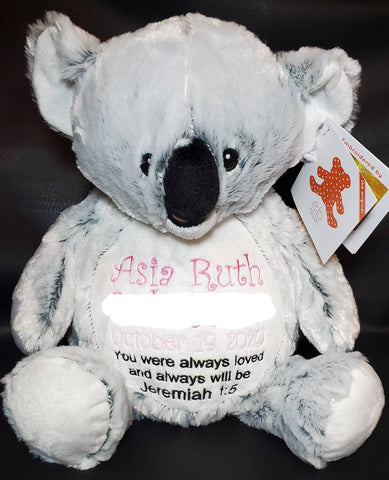 koala plush animal, Custom personalized embroidered birth statistics, birthday gift, Valentine&#39;s day gift, Christmas gift, adoption gift