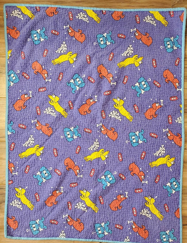 Purple and blue dog flannel baby quilt, chenilled baby quilt, tummy time quilt, stroller blanket, baby shower or new baby gift, Christmas