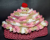 Child&#39;s winter cupcake hat, crochet cupcake hat, pink and mauve cupcake hat with cherry, birthday gift, Christmas gift, stocking stuffer