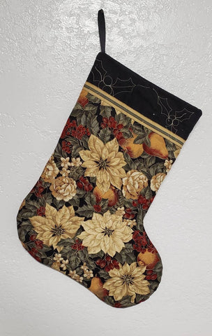 quilted large Christmas stocking, black and gold pointsettias decor, quilted with holly berries and leaves, lined Christmas stocking