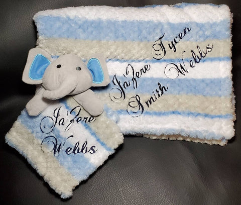 personalized baby blanket, blue elephant lovey and blanket 2-piece set, custom embroidered new baby gift, birthday gift, baby shower gift