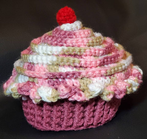 Child&#39;s winter cupcake hat, crochet cupcake hat, pink and mauve cupcake hat with cherry, birthday gift, Christmas gift, stocking stuffer