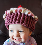 Child&#39;s winter cupcake hat, crochet cupcake hat, pink and mauve cupcake hat with cherry, birthday gift, Christmas gift, stocking stuffer