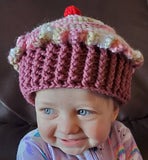 Child&#39;s winter cupcake hat, crochet cupcake hat, pink and mauve cupcake hat with cherry, birthday gift, Christmas gift, stocking stuffer