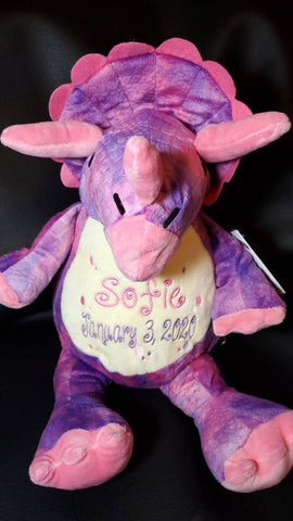 Custom embroidered birth statistics stuffed dinosaur plush animal personalized gift
