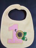 1st birthday sunflower bib, personalized first birthday bib, sunflower first birthday theme, cake bib