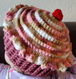 Child&#39;s winter cupcake hat, crochet cupcake hat, pink and mauve cupcake hat with cherry, birthday gift, Christmas gift, stocking stuffer