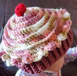 Child&#39;s winter cupcake hat, crochet cupcake hat, pink and mauve cupcake hat with cherry, birthday gift, Christmas gift, stocking stuffer