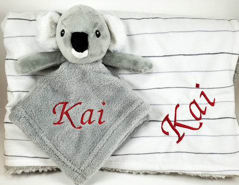 Grey and white koala 2-piece lovey/blanket set, custom personalized new baby gift, baby shower gift, Easter gift, monogrammed baby blanket