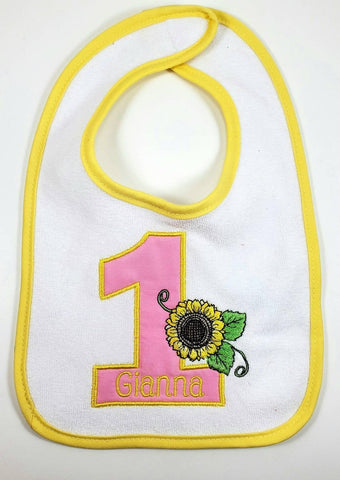 1st birthday sunflower bib, personalized first birthday bib, sunflower first birthday theme, cake bib