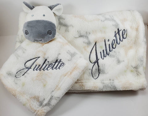 personalized baby animal lovey security blanket and regular fleece blanket 2-piece set, custom embroidered new baby gift, baby shower gift