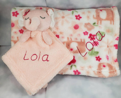 pinkish peach elephant lovey security blanket and regular blanket 2-piece set, Custom personalized embroidered new baby gift, Easter gift