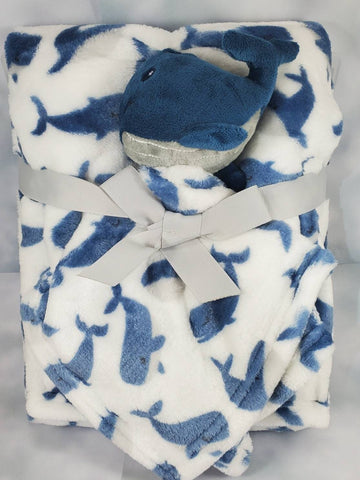 personalized monogrammed baby gift, blue whale animal lovey security blanket and regular fleece blanket 2-piece set, Christmas gift