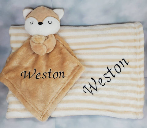 Personalized tan striped fox 2-piece lovey and blanket set, custom embroidered monogrammed baby blanket, new baby gift, baby shower gift,