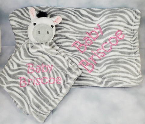 zebra black and white 2-piece lovey/blanket set, custom personalized embroidered new baby gift, zoo animal, jungle animal