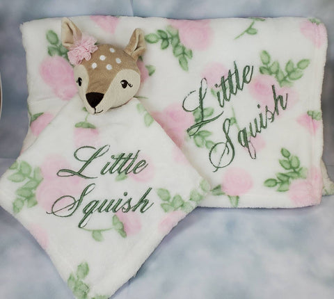 deer animal lovey security blanket and regular fleece blanket 2-piece set Custom personalized embroidered baby gift Christmas gift adoption