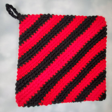 Crochet pot holder, red and black trivet, double thick hot pad, stocking stuffer, Christmas gift