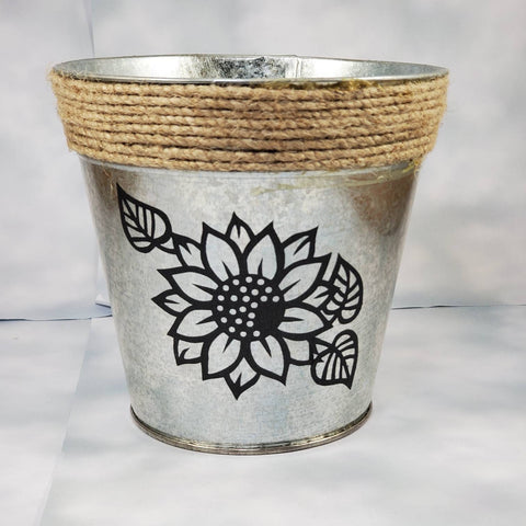 Sunflower tin bucket with jute rope trim, rustic sunflower decor, sunflower wedding decor, country sunflower home decor, Mother's day gift