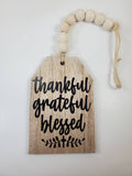 home decor, tiered tray decor, thankful, grateful, blessed, wood tag with wood beads, home decor, country farmhouse rustic decor