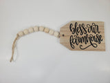 home decor, tiered tray decor, bless our farmhouse, wooden black tag with wooden beads, home decor, country farmhouse rustic decor