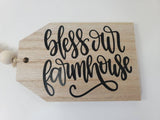 home decor, tiered tray decor, bless our farmhouse, wooden black tag with wooden beads, home decor, country farmhouse rustic decor