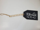 home decor, tiered tray decor, blessed, black tag with wooden beads, home decor, country farmhouse rustic decor, gift tag