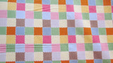 fitted crib sheet, checkered crib sheet, pink green brown blue yellow cream bold colored crib sheet, toddler bed sheet