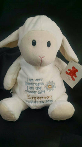 Custom personalized embroidered flower girl stuffed lamb plush animal new baby birth statistics adoption birthday gift