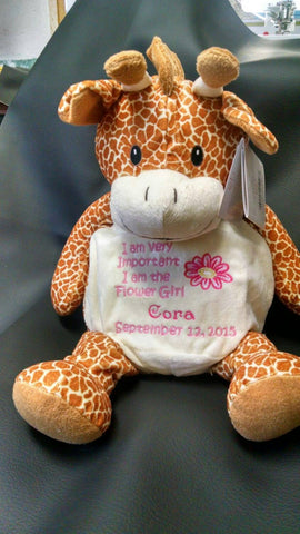 Custom personalized embroidered birth statistics stuffed giraffe plush animal ring bearer flower girl adoption new baby birthday gift