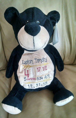 Custom personalized embroidered birth statistics stuffed plush animal