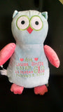 Custom personalized embroidered owl stuffed plush animal new baby shower birth statistics ring bearer flower girl adoption birthday gift